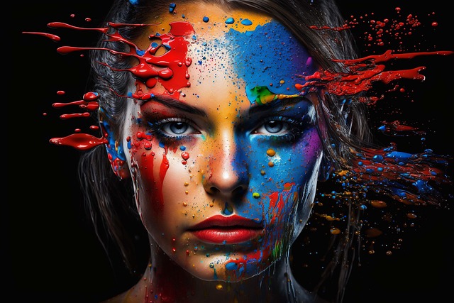 model, woman, multicoloured, to dye, blue eyes, portrait, ki-generated