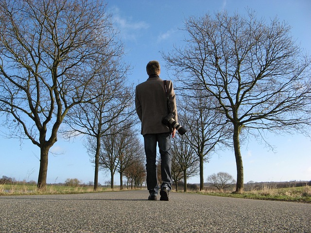 road, man, walking, portrait, rene asmussen, man with camera, blue road, blue camera, blue walking